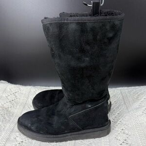 UGG Tall Alber Black Side Zipper Suede Womens 7 Winter Boot Mid Calf Fur Lined